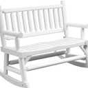 Outsunny 2-Person Wood Rocking Chair with Log Design, Heavy Duty Loveseat with Wide Curved Seats for Patio, Backyard, Garden, White