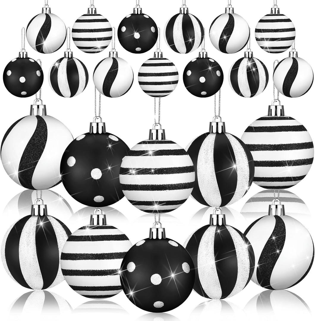12 Pcs Black and White Christmas Ball Ornaments 2.36 Inch Xmas Stripe Dot Hanging Ornaments Plastic Glitter Tree Decorations for Christmas Halloween Holiday Party Tree Wreath Decoration