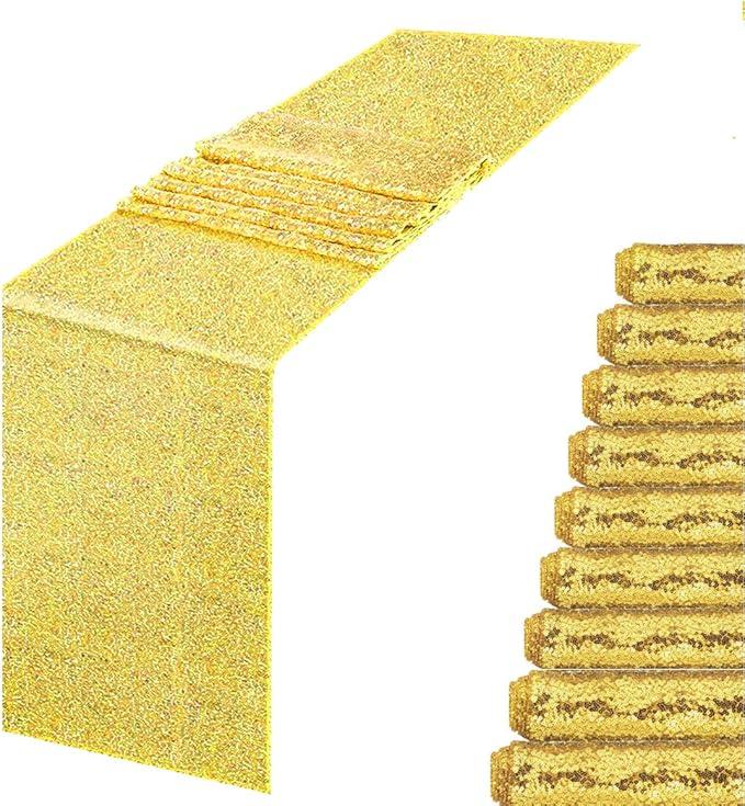 10PCS Champagne Gold Sequin Table Runners, Sparkle Metallic Sequin Table Linens Runner Party Decor Glitter Party Supplies Fabric for Baby Showers, Holidays
