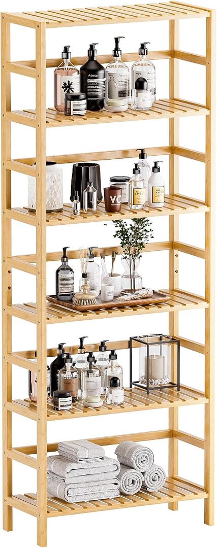 HITNET Bamboo Shelf, 6-Tier Adjustable Tall Open Bookcase, Bathroom Storage Rack Freestanding Shelving Unit, Plant Display Stand for Small Space, Natural