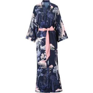 Women's Long Kimono Robe Floral Silk Robe Satin Silky Bathrobe Sleepwear Bridesmaid Wedding Robes (09 Navy-crane)