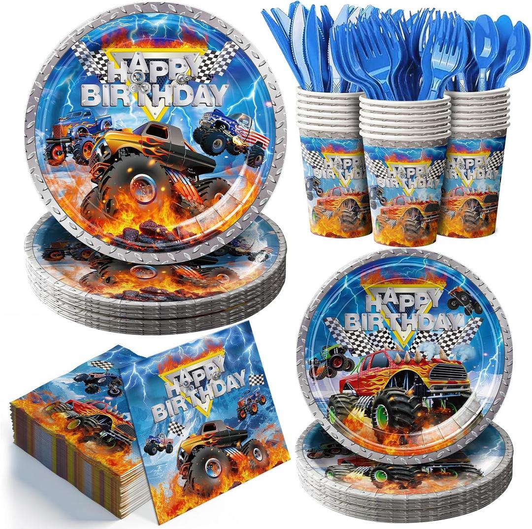168pcs Monster Truck Party Decorations Plates Napkins Disposable Paper Cups Monster Car Tableware Set Birthday Party Supplies for Kids Boys 1st 2nd 3rd Birthday Decor Serves 24 Guests