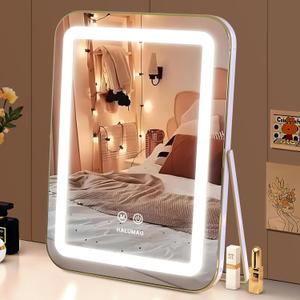 halumao Vanity Mirror with Lights, 14.5" Light Up Makeup Mirror, LED Makeup Mirror with Lights for Bedroom Tabletop, Smart Touch Control 3 Colors Dimmable, 360 Rotation