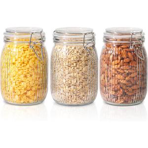 ComSaf Airtight Glass jar with lid 37oz Set of 3, Glass Storage Containers with Lids, Glass Canisters, Striped Clip Fastening Jar for Kitchen Canning, Tea, Pasta, Sugar, Beans, Cookie, Jam, Oat