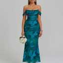 KUTUMAI Off The Shoulder Maxi Long Dress Corset Ruched Bodycon Cocktail Formal Wedding Guest Dresses for Women (Blue). L Size