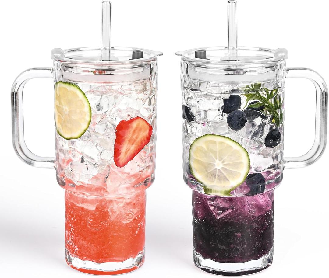 17oz Glass Tumbler with Handle & Lid 2-Pack Iced Coffee Cups with Straws, Glass Mug for Cold & Hot Beverages Travel Cup for Smoothies, Tea, and Juice (clear-Glacial pattern-2pack)