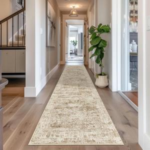 Long Hallway Runner Rug- Carpet Runners for Hallway 12ft, Anti Slip Backing Washable Rug Runner for Bathroom, Entrance, Living Room, Soft Low Pile Mordern Rug Runner(2'x12', Brown/Ivory)