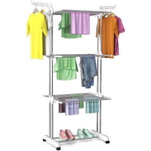 Bigzzia Clothes Drying Rack, Folding Stainless Steel Drying Rack Clothing Indoor Outdoor, Space-Saving, 4 Tier Laundry Drying Rack with Two Side Wings -Grey White