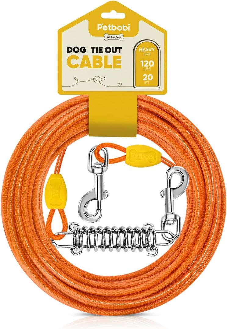 Petbobi Dog Tie-Out Cable 20ft - Heavy-Duty 4mm Metal Cable up to 120lbs, Shock Spring & 360 Swivel Clips, for Yard Camping, Small Medium Large Pets, Orange