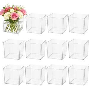 12Pcs Clear Square Vase, 5 x 5 in Acrylic Plastic Flower Vases for Centerpieces, Small Cube Container Bulk Succulent Pots Planters, Plastic Cube Floral Containers for Wedding Home Office Decor