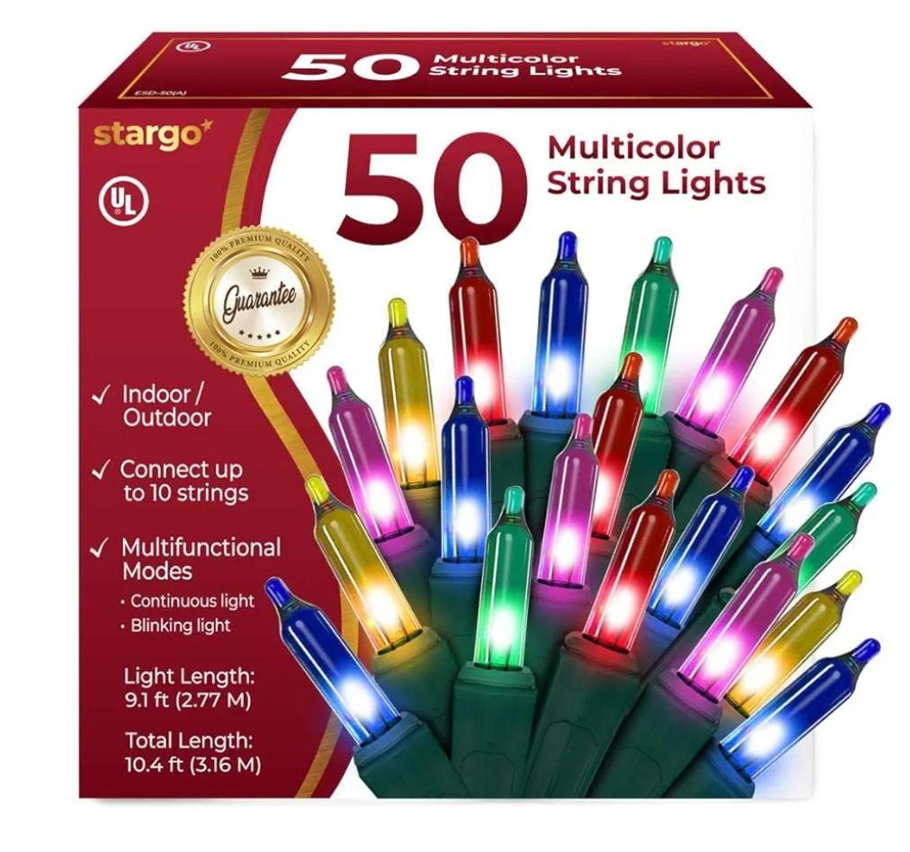 Warm Multi Color Christmas Tree Lights - 9 ft String of 50 Incandescent Mini Bulbs Multifunctional Lighting Modes, for Decorative, Bedroom, Outdoor, Xmas Twinkle Lights with Green Wire Total 10.4 ft