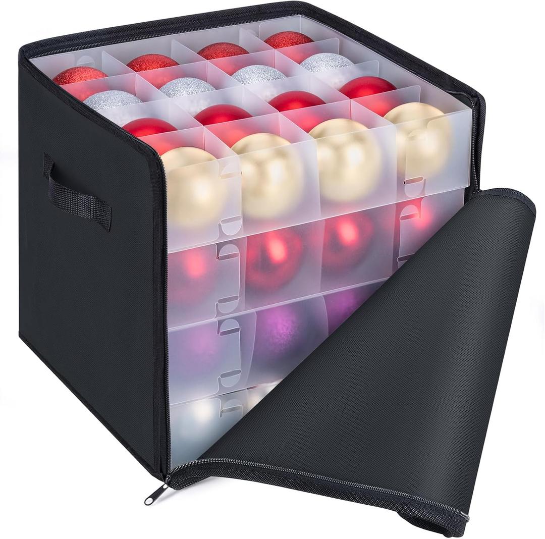 BALEINE Christmas Ornament Storage Box with Dividers, Premium Holiday Ornaments Storage Container Bin for Xmas Decorations (64 Ball, Black, Soft)