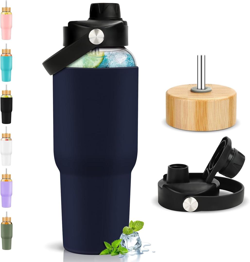 PROBTTL Glass Water Bottles 32 oz, 1 Liter Glass Tumbler, Borosilicate Water Bottle with Straw, Silicone Sleeve, 2 Lids - Handle Spout & Bamboo Straw Lid, Fits Car Cup Holder, (Navy Blue)