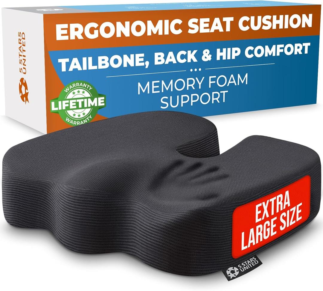 5 STARS UNITED Seat Cushion - Memory Foam Chair Cushion for Tailbone Pain Relief - Ergonomic Support for Coccyx, Sciatica & Butt - Office, Desk & Gaming Chair, Car Seat, Wheelchair, Airplane, Black, 

18" x 16" x 4"