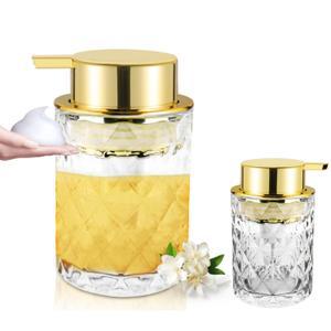 Glass Foaming Soap Dispenser Refillable Foaming Hand Soap Dispenser with Gold Large Pump Wide Opening for Bathroom Kitchen Countertop Modern Home Decor with Elegant Pattern - Clear