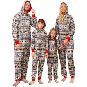 VNVNE Matching Christmas Onesie Pajamas Set for Family/Couples/Women/Men, One Piece Xmas Pjs Hooded Zipper Printed Sleepwear (L)