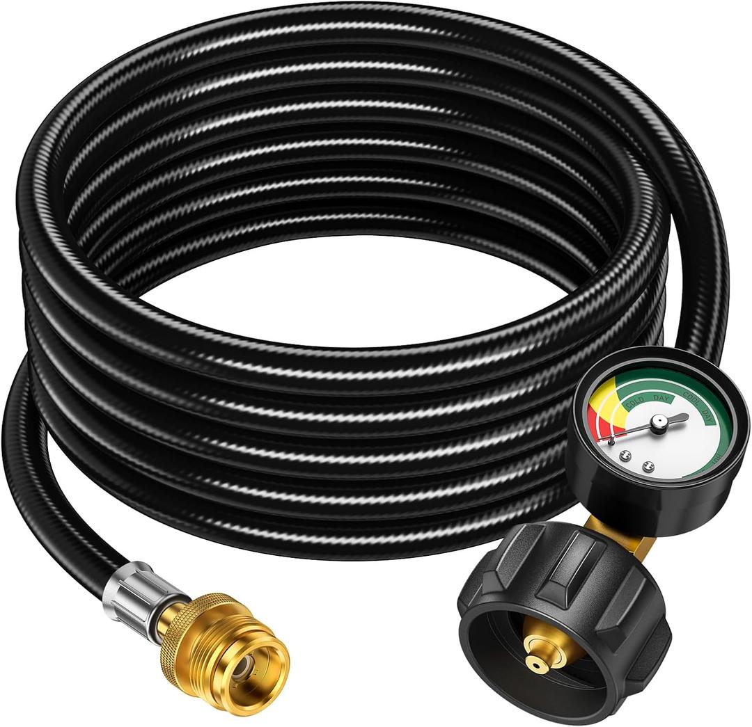 Alloxity12FT Propane Hose Adapter 1lb to 20lb with Gauge, Propane Tank Adapter 20 lb to 1 lb Converter, Gas Line Hose for Weber Q Grill, Coleman Camp Stove, Blackstone Griddle, Buddy Heater