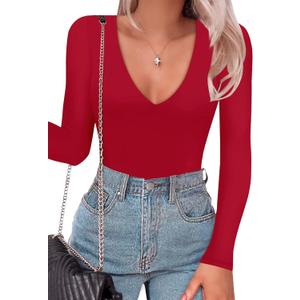 SAUNGKUAI Women's Plunge Deep V Neck Long Sleeve Bodysuit Double Lined Thong Body Suit Shirt Tops (Medium, Red)