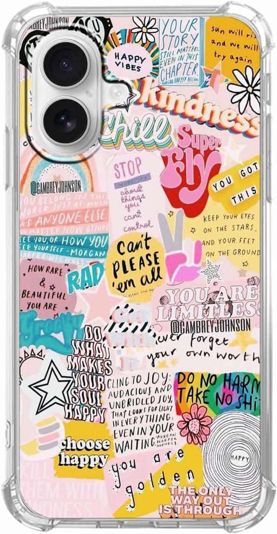 Indie Positive Quotes Case for iPhone 16 Plus,Hippie Popular Words Collage,Trendy Soft TPU Bumper Case for iPhone 16 Plus