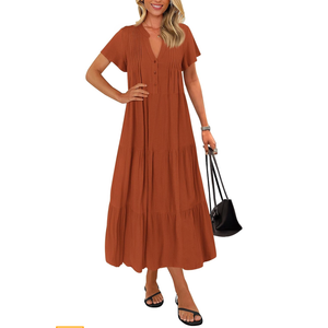 KIRUNDO Summer Maxi Dresses for Women 2025 Spring Fashion Short Sleeve Button V Neck Pleated Loose Tiered Swing Flowy Dress, XXL