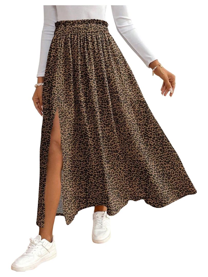 SOLY HUX Women's Floral Skirts High Waisted Split Swing Flowy Boho Vacation Long Skirt Multicolor Leopard Large (Brown, L)