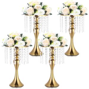 4 Pcs Gold Vases for Centerpieces, 13.5 inch Tall Crystal Flower Stand Wedding Centerpieces for Tables Decorative Metal Flower Vase for Party Anniversary Ceremony Birthday Event Home Decor