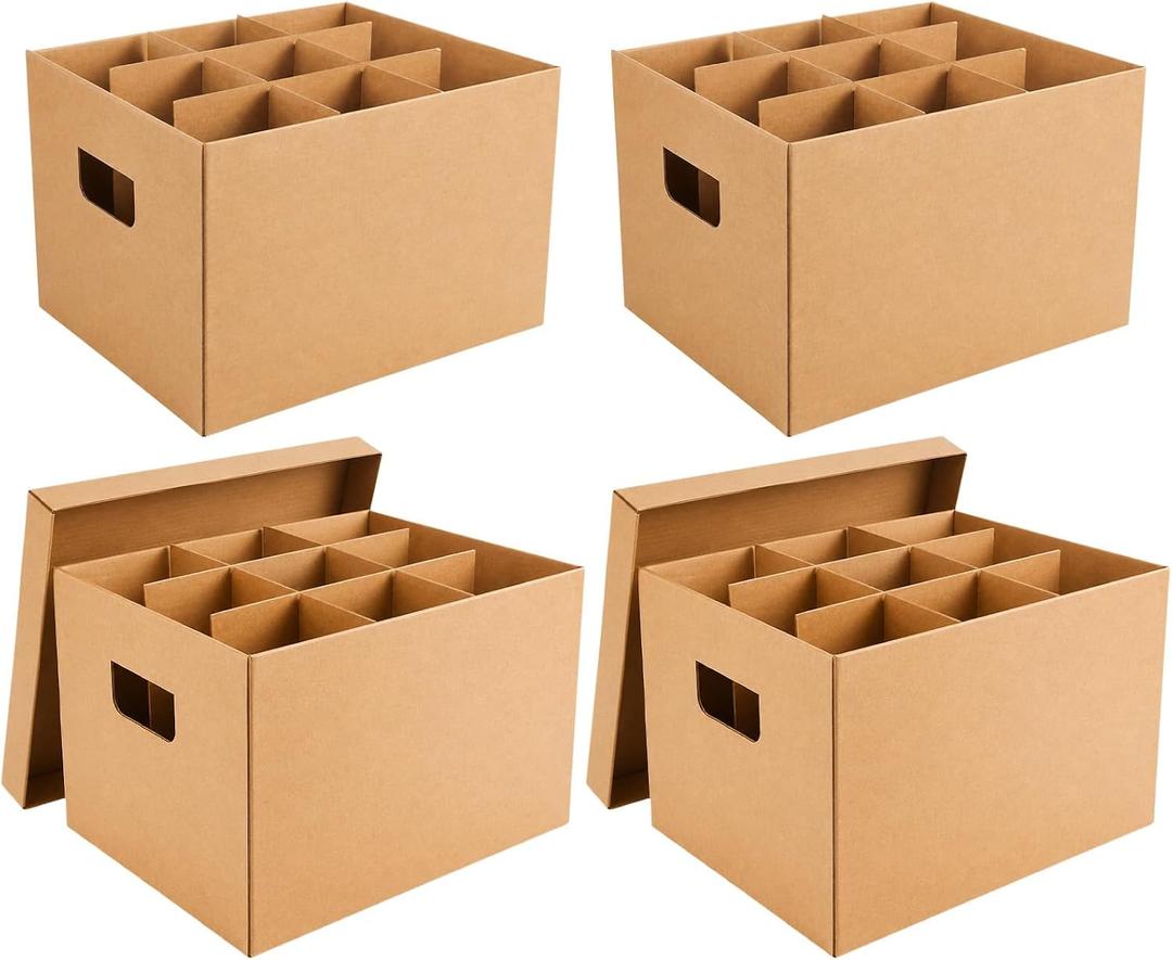 4 Pack Wine Glass Moving Boxes with Handles and Lids, 15 x 12 x 10 Inch