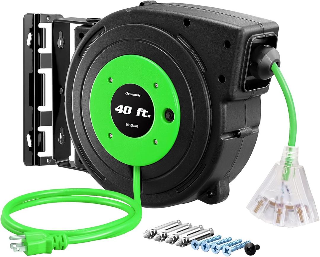 DEWENWILS Retractable Extension Cord Reel, 40 FT Heavy Duty Power Cord, 12/3C SJTOW Retractable Cord Reel, Lighted Triple Tap Outlets, 15A Circuit Breaker, Wall/Ceiling Mount, UL Listed, Green