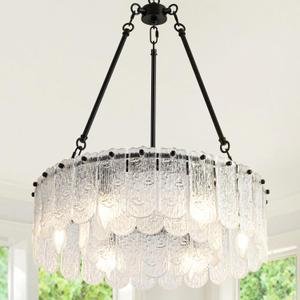 6-Light Drum Crystal Chandeliers, 20" Modern Black Crystal Chandeliers for Dining Room, Double-Layer Luxury Water Ripple Glass Chandelier, Round Pendant Light for Living Room Bedroom Entryway