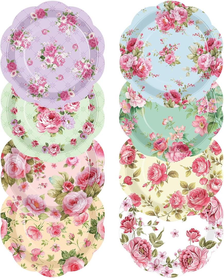 80 Pcs Floral Paper Plates 7 Inch Vintage Scalloped Tea Party Plates Pink Flower Colorful Disposable Dinnerware Dessert Dish for Summer Wedding Bridal Shower Baby Shower Birthday Party Decor