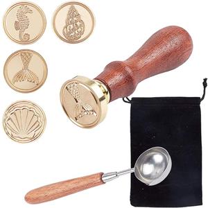 CRASPIRE 7Pcs Ocean Theme Wax Seal Stamp Kit Shell Seahorses Sealing Wax Stamps Brass Heads Wood Handle Black Velvet Pouch Conch Sea Animals Retro Brass Stamp Kit for Letter Envelope Card Gift Decor
