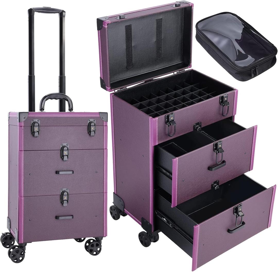 FRENESSA Rolling Nail Case Wheeled Manicure Storage Case Polish Organizer Professional Makeup Trolley for Studio or Travelling Nail Technician Artists Cosmetologist Stylist - Vegan Leather (Purple)