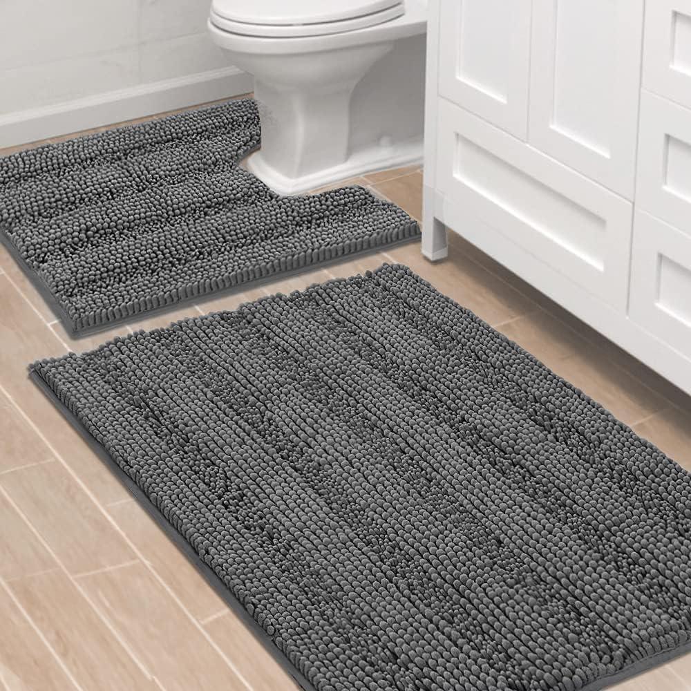 H.VERSAILTEX Bathroom Rugs Bath Rug Set 2 Piece Bathroom Contour Rug Toilet Mat Sets Non Slip Contour Bath Rug Ultra Thick Water Absorbent Striped Bath Mats Washable(36" x 24" Plus 20" x 24" U, Grey) 