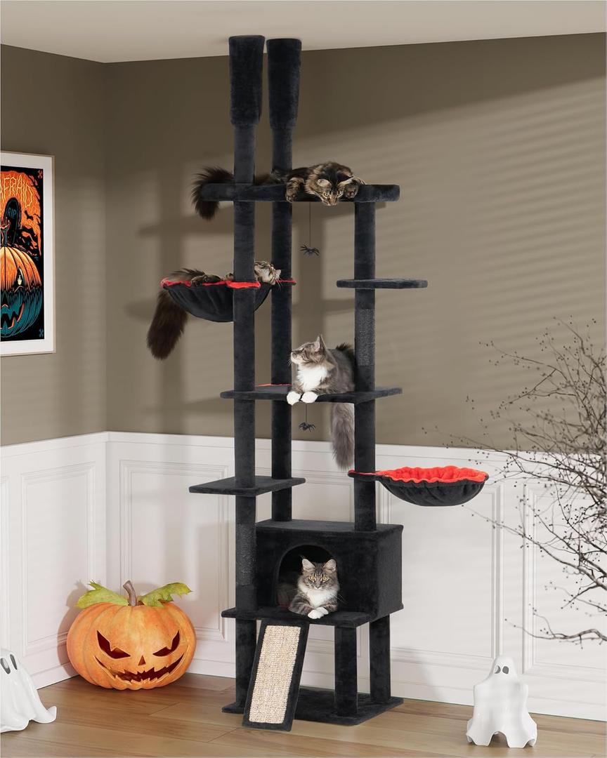 Large Cat Tree Floor to Ceiling for Adult Cats, 86in-108in Heavy Duty Cat Tower, 18.9in Perch Bed Condo for Indoor Cat Pet, Gothic Black