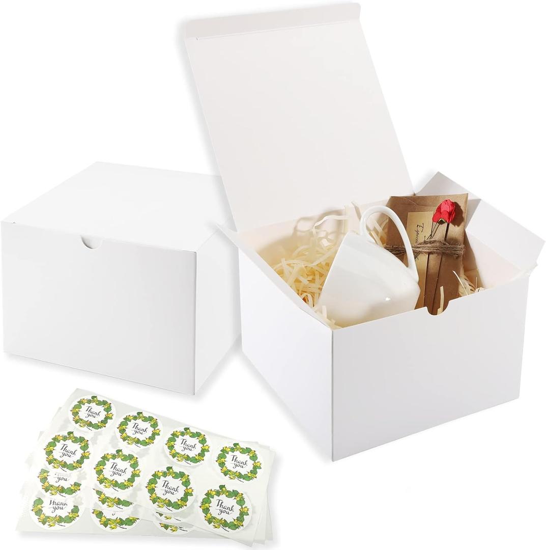 Frantis White Gift Boxes - 20 Pack Small Gift Box with Lids (5x5x3 inch) for Party, Christmas, Valentine's, Wedding Occasions - Easy to Assemble with 24 Thank You Stickers