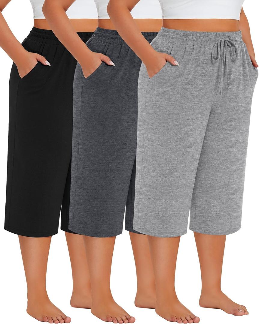 Neer 3 Pack Women's Plus Size Cotton Capris, Stretchy Wide Leg Cropped Pants with Pockets Fit Loose Lounge Pajama Sweatpants (X-Large, Black, Light Mix Gray, Dark Mix Gray)