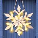 Snowflake Wooden Door Sign with LED Light Winter Lighted Snowflake Wreath for Front Door Wall Porch Light up Flake Hanger for Winter Xmas Indoor Outdoor Window Decoration (Classic)