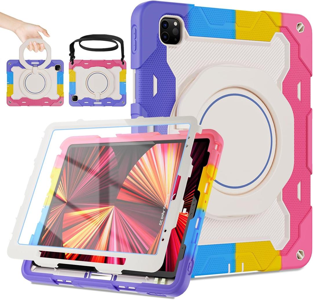 ROISKIN for iPad Pro 12.9 -Inch Case (6th, 5th, 4th & 3rd Gen)with HD Screen Protector, 360 Stand, Handle, Pencil Holder,Shoulder Strap[15ft Drop Protection]Rugged Bulky Full Body 12.9 iPad Pro Case (Ring Stand-Pink)