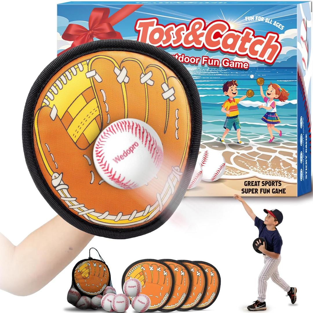 Wedopro Toss and Catch Ball Game, Kids Toddler Baseball Glove & Catch Ball Toys, Kids Outdoor Games for Family, Toys for Beach Pool Yard Outside, Birthday Gift for Ages 3 4 5 6 7 8-12 (Brown 4 Pack)