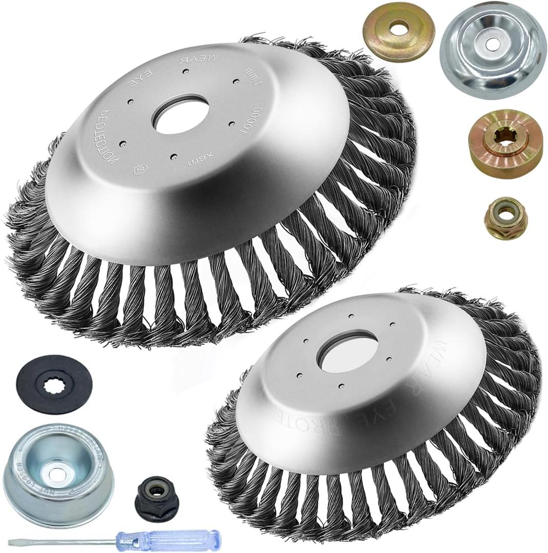8+6 Inch Steel Wire Rotary Weed Brush Cutter Trimmer Head for Weed Cutter Eater, Unbreakable Wired Trimmer Blade, Weed Trimmer Eater Head with Adapter Kits for Moss Grass Rust Removal