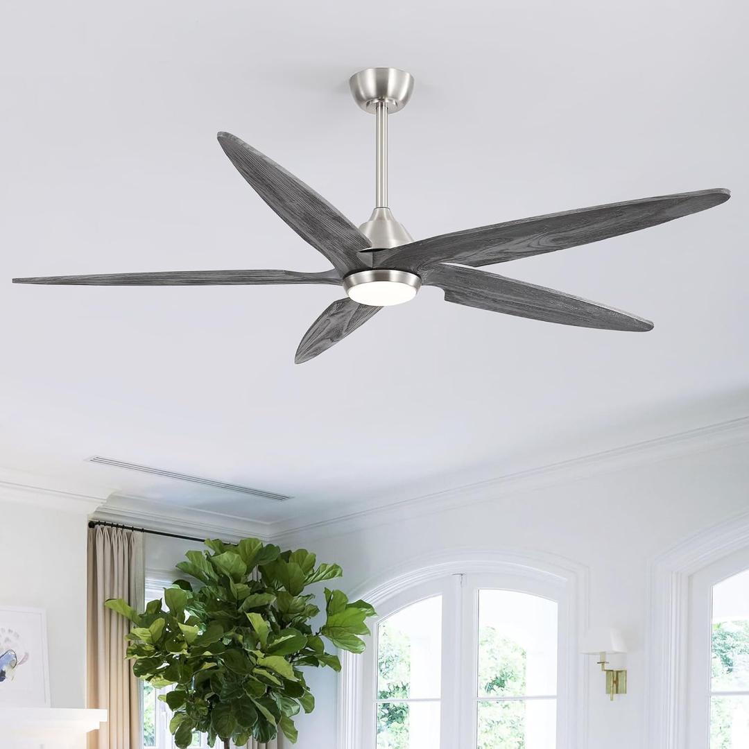 54 Inch Modern Ceiling Fan with Lights and Remote, 5 Wood Blades, 6-Speed Noiseless Reversible DC Motor with Replaceable Downrods for Bedroom Living Room Dining Room, Nickel and Gray