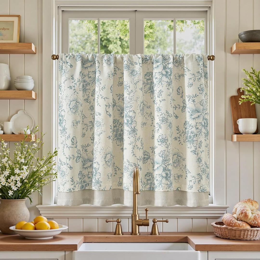 jinchan Linen Kitchen Curtain 36 Inch French Floral Double Layer Curtain Farmhouse Vintage Tier Drape Rustic Half Window Curtain for Living Room Window Treatment Rod Pocket 1 Panel Blue on Beige