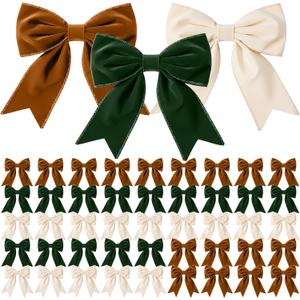 Yinkin 50 Pcs Christmas Velvet Bows Bulk for Xmas Tree 5.5'' Rustic Crafts Velvet Ribbon Bows Vintage Farmhouse Xmas Wreath Ornaments for Gift Wrapping Home Front Door(Khaki, Green, Warm White,50 Pcs)