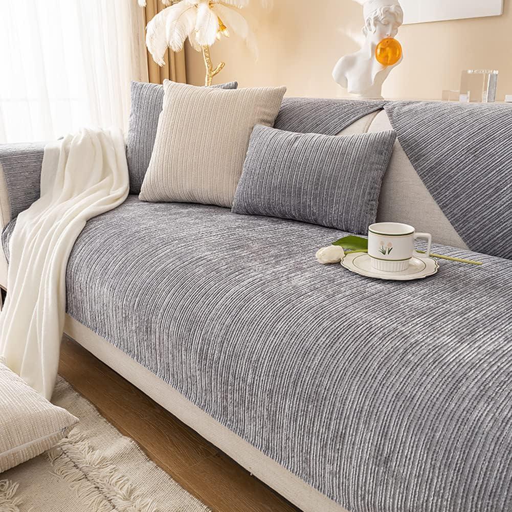 vctops Soft Chenille Sofa Couch Cover Solid Color Striped Weave Textured Sectional Couch Covers Washable Anti-Slip Sofa Slipcover for Dogs Pet, 1 Piece/Not All Set (Grey,35"x82")
