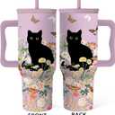 Cat Lover Gifts For Women, Stainless Steel Tumbler With Handle 40 Oz, Best Gifts For Cat Lovers, Birthday Christmas Valentine Anniversary Floral Gift For Women, Floral Tumbler Mug Cup