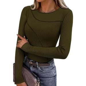 KIRUNDO Womens Tops Boat Neck Long Sleeve Ribbed Knit Slim Fit Stretch Shirts Workout Going Out Top Early Fall Fashion (Green, M)