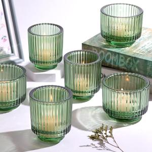 6Pcs Assorted Green Votive Candle Holders for Wedding Centerpieces, Vintage Ribbed Tealight Candle Holder for Home Table Decor, Large Glass Candle Holder for Christmas Decor, Bridal Shower, Green