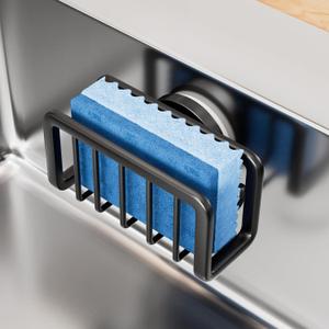 TAILI Sponge Holder for Kitchen Sink with Strong Suction Cup, Removable Sponge Holder, Rustproof Aluminum Sink Caddy for Sponges, Dish Brush - Black (5.1" x 2.3")