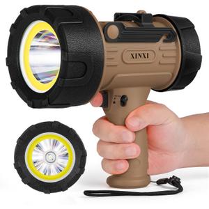 XINXI Rechargeable Spotlight 1,000,000 Lumens with COB Floodlight, IP67 Waterproof Spotlight Flashlight, Long Runtime Handheld Spot Light with Red Filter,Outdoor Spot Light for Hunting,Fishing(Brown) (Khaki)