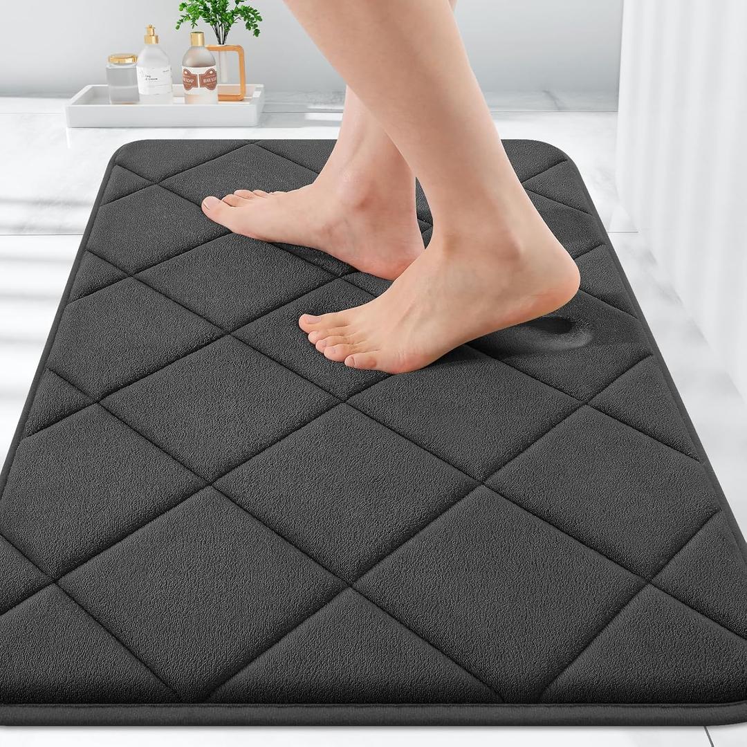 OLANLY Memory Foam Bath Mat 30x20, Ultra Soft and Absorbent Bathroom Rugs, Machine Washable, Comfortable Bath Carpet for Bathroom Floor, Tub and Shower, Black